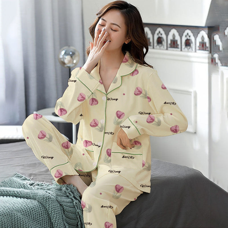 Elegant Women's Autumn And Winter Cotton-like Long Pajamas Two-piece Set Pi-Mart
