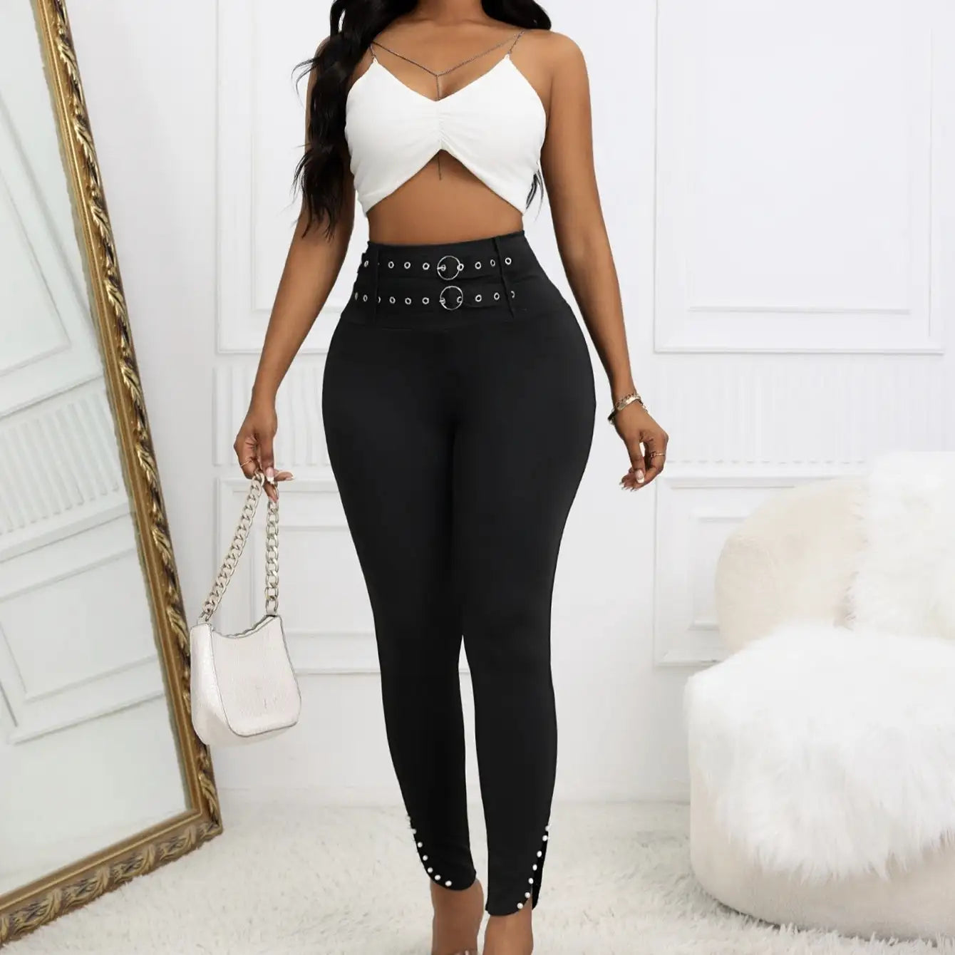 Ladies' Solid Color Casual Style Tight Fitting High Waist Slim Fit Slit Detail Pants Waist Ring Fake Belt Design Sense Tapered Pants - SJB-DIAMOND ELITES