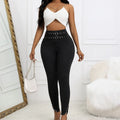 Ladies' Solid Color Casual Style Tight Fitting High Waist Slim Fit Slit Detail Pants Waist Ring Fake Belt Design Sense Tapered Pants - SJB-DIAMOND ELITES