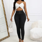 Ladies' Solid Color Casual Style Tight Fitting High Waist Slim Fit Slit Detail Pants Waist Ring Fake Belt Design Sense Tapered Pants - SJB-DIAMOND ELITES