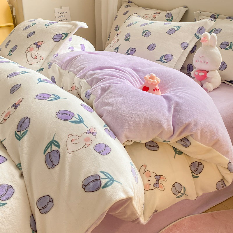 Winter Thickening Milk Fiber Bed Four-piece Coral Velvet Quilt Cover Flange Double-sided Bed Sheet Three-piece Bedding Pi-Mart