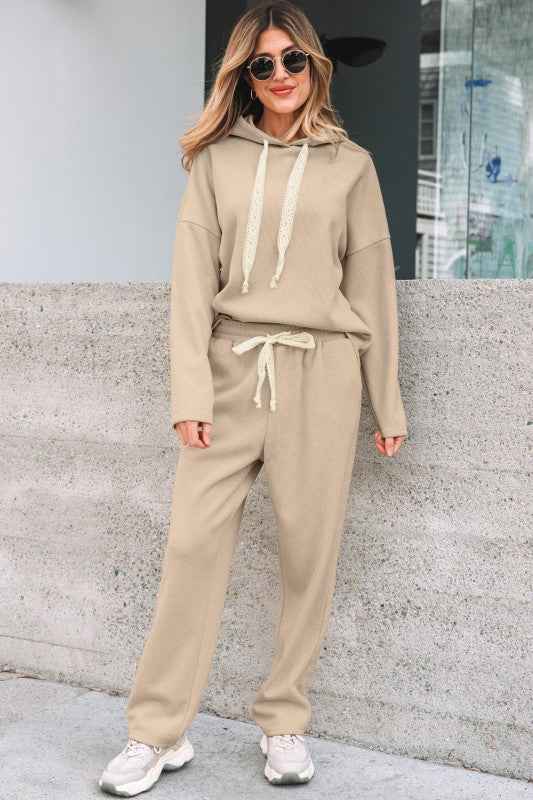 Solid Corduroy Lace Hoodie and Pants Set THRIXINE
