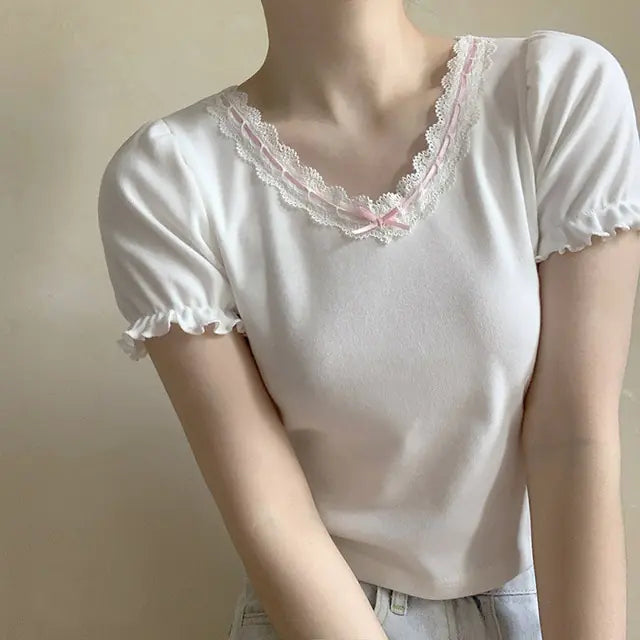 White T-Shirt for Sweet Girl Ribbon Lace Trim V-Neck Bowknot Puff Sleeve Slim Cotton TShirt Kawaii Clothes Summer Tops Pi-Mart
