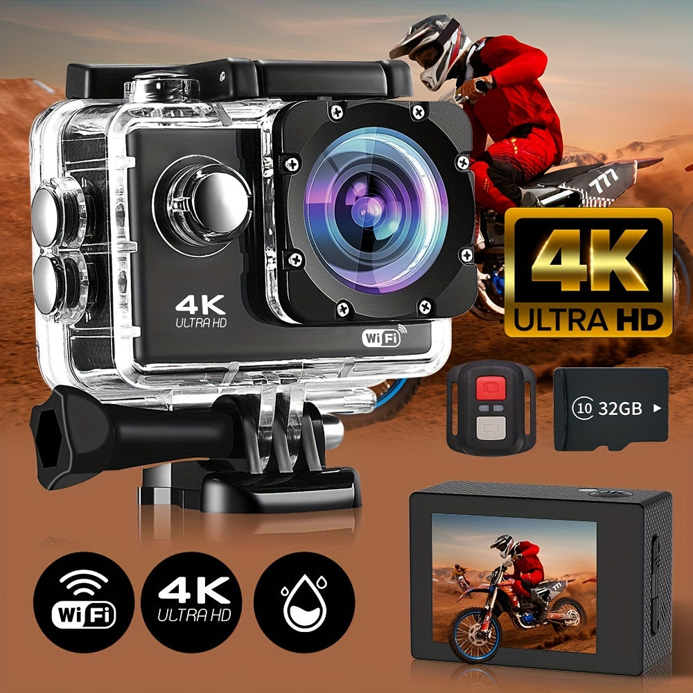 4K Ultra HD Action Camera - WiFi, 2.4GHz Wireless Wristband Remote Control, 32GB Card, Wide Angle Lens, Remote Operation - Perfect For Skiing, Mountaineering, Outdoor Sports, Gift Giving, Awaken Your Outdoor Adventure Experie Lootquake LLC