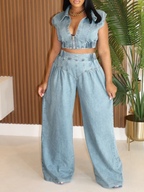 Sister Star Women's Summer Comfortable Casual Solid Color Sleeveless Jeans Set Loose Long Straight Pants Two Pieces Purplish Diva