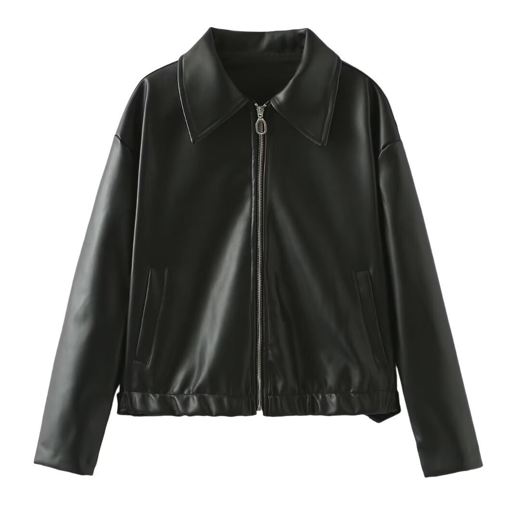 Solid Color Lapel Zipper Jacket Fashion Casual Long Sleeve Leather Coat Tops Women Clothing Pi-Mart