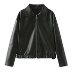 Solid Color Lapel Zipper Jacket Fashion Casual Long Sleeve Leather Coat Tops Women Clothing Pi-Mart