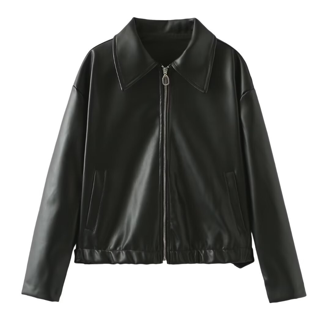 Solid Color Lapel Zipper Jacket Fashion Casual Long Sleeve Leather Coat Tops Women Clothing Pi-Mart