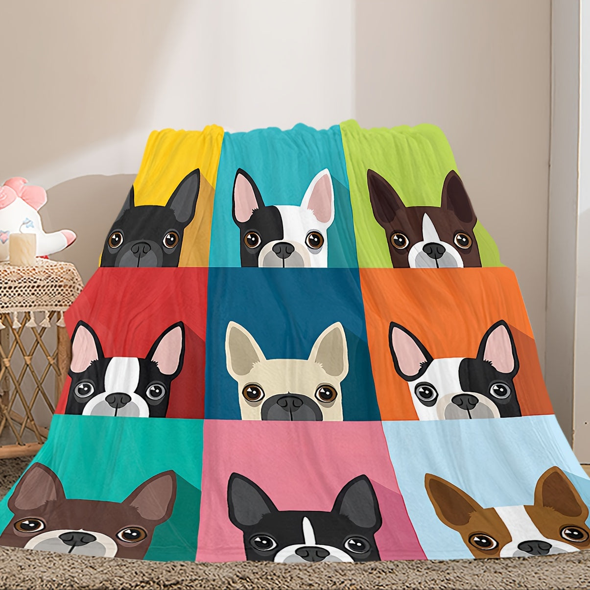 1pc Colorful French Bulldog Patchwork Flannel Blanket, Cozy Throw Blanket For Couch, Preppy Style, Home Decor, Soft Warm Comfort, Large Multi-Color Dog Print Lootquake LLC