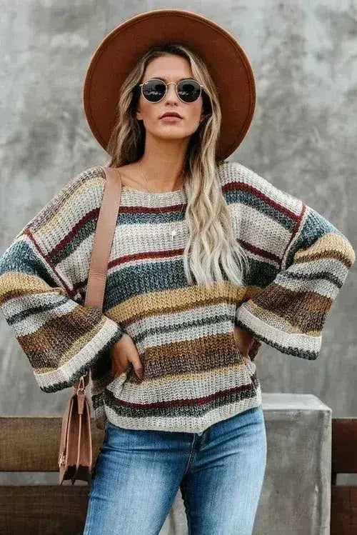 Multi-color Dropped Shoulder Striped Relaxed Sweater - SJB-DIAMOND ELITES