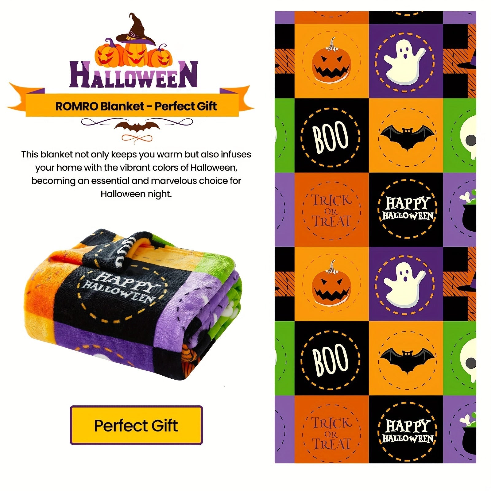 1pc Halloween Fleece Throw Blanket, Bat, Ghost Fall Plaid Blanket, Soft Fuzzy Plush For Couch Sofa Or Bed, Luxury Flannel Lap Blanket Lootquake LLC