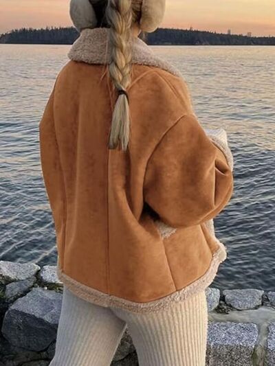 Fuzzy Collared Neck Long Sleeve Jacket with Buttoned Closure and Cozy Pockets Stevvex