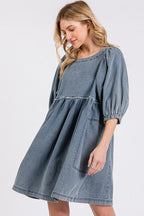Washed Round Neck Puff Sleeve Denim Dress – Casual, Vintage-Inspired, Comfortable & Chic, Effortlessly Stylish, Classic Denim Dress