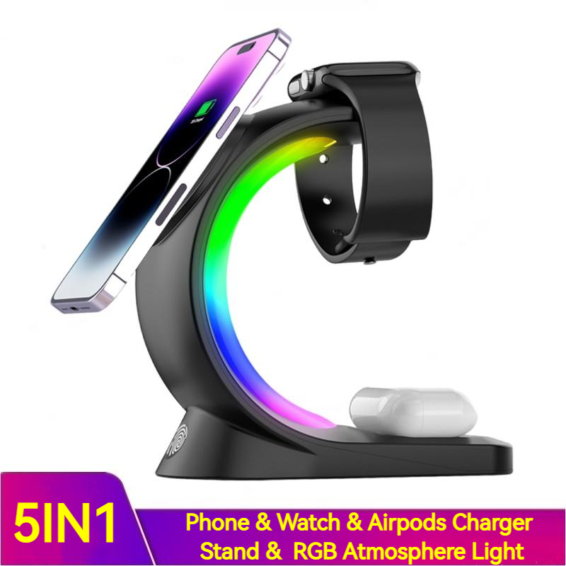 4 In 1 Magnetic Wireless Charger Fast Charging For Smart Phone Atmosphere Light Charging Station For Airpods Pro I-phone Watch Pi-Mart