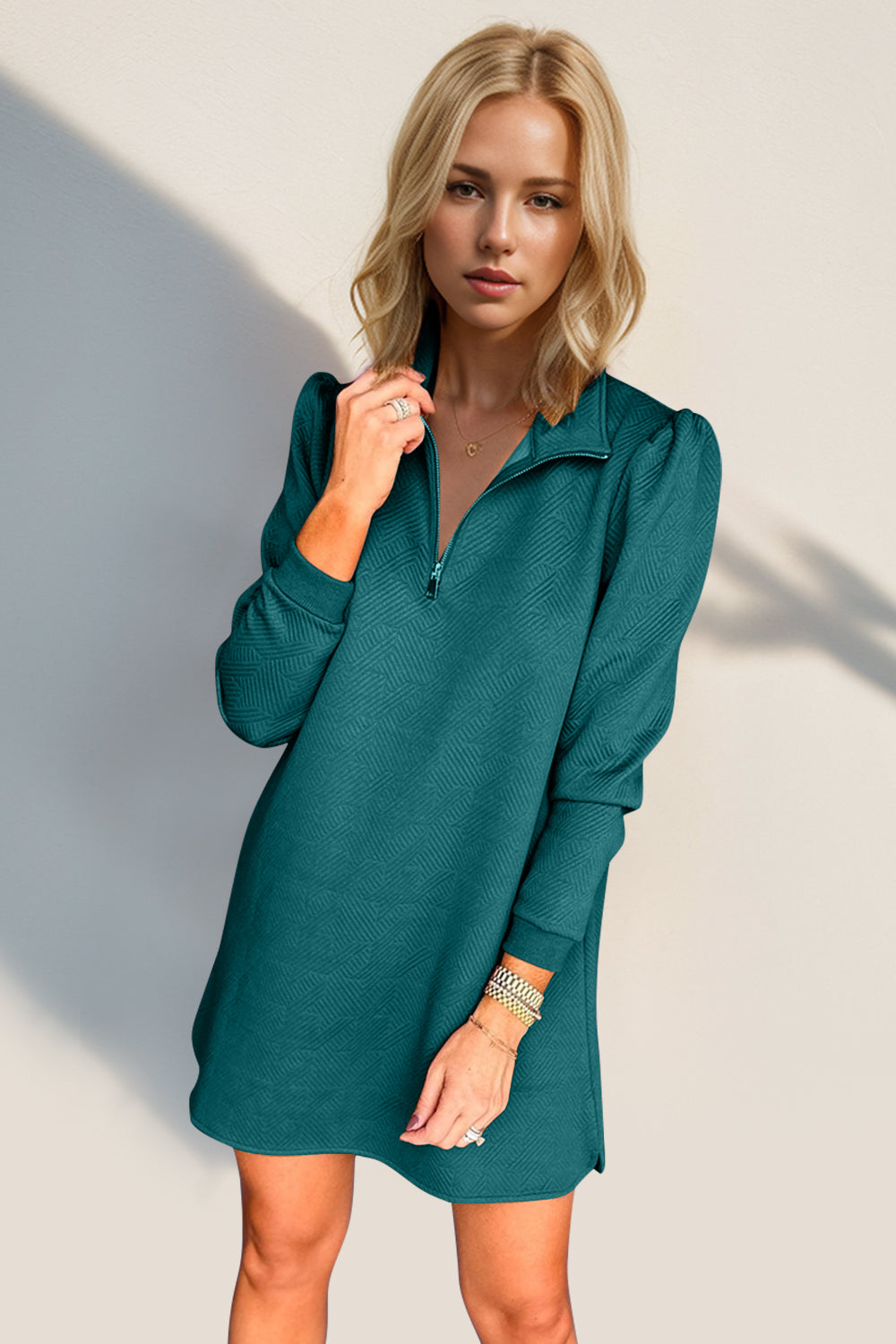 Double Take Textured Zip Long Sleeve Dress Classic Zip-Up Dress for Women Comfortable Outdoor Dress Stevvex