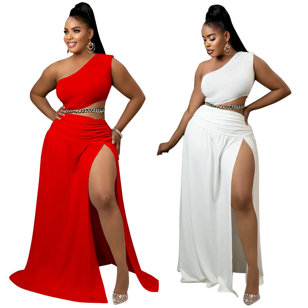 Women Clothes Set Sexy One Shoulder Crop Top Side Split A Line Skirt Beach Party Two Pieces Set Summer 2022 Purplish Diva