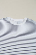White Striped Round Neck Short Sleeve Mini Dress Casual & Playful Everyday Look Dress