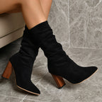 Pointed Toe High Block Heels Boots Woman Winter Warm Mid-calf Suede Long Boots New Fashion Trendy Solid Shoes For Party Lady Pi-Mart