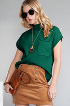 Green Patch Pocket Ribbed Knit Short Sleeve Sweater