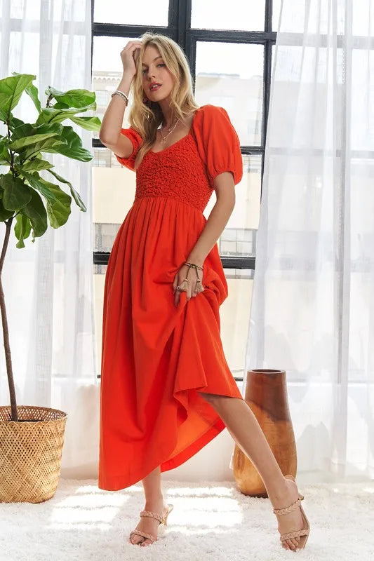 Popcorn Smocked Puff Sleeve Dress For Women – Textured, Elegant, Fluttering, Feminine, Stylish, Trendy For Special Occasions Stevvex