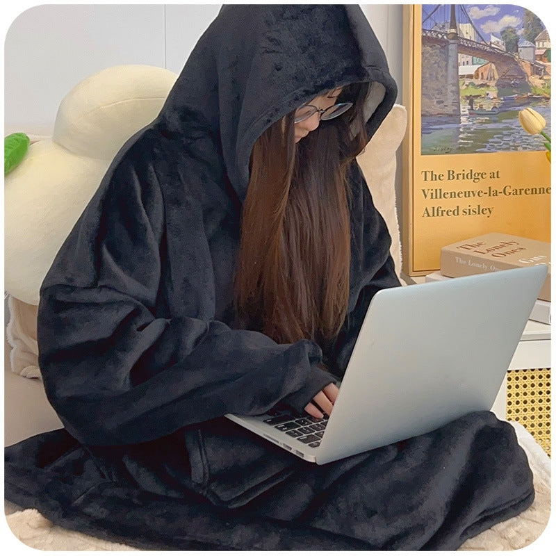 Male Student Thickened Warm Nightgown Flannel Outerwear Couple Homewear Hooded Blanket Pi-Mart