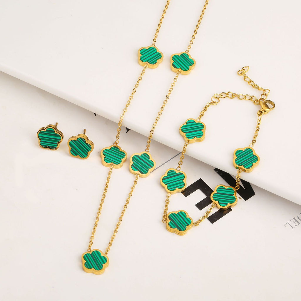New Stainless Steel Plant Fritillary Five Leaf Petals Earring Bracelet Necklace Jewelry Set Women Cross-border Hot Selling Lot Pi-Mart