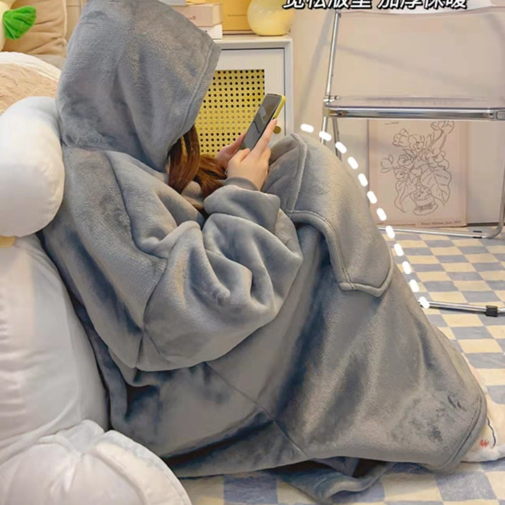 Male Student Thickened Warm Nightgown Flannel Outerwear Couple Homewear Hooded Blanket Pi-Mart