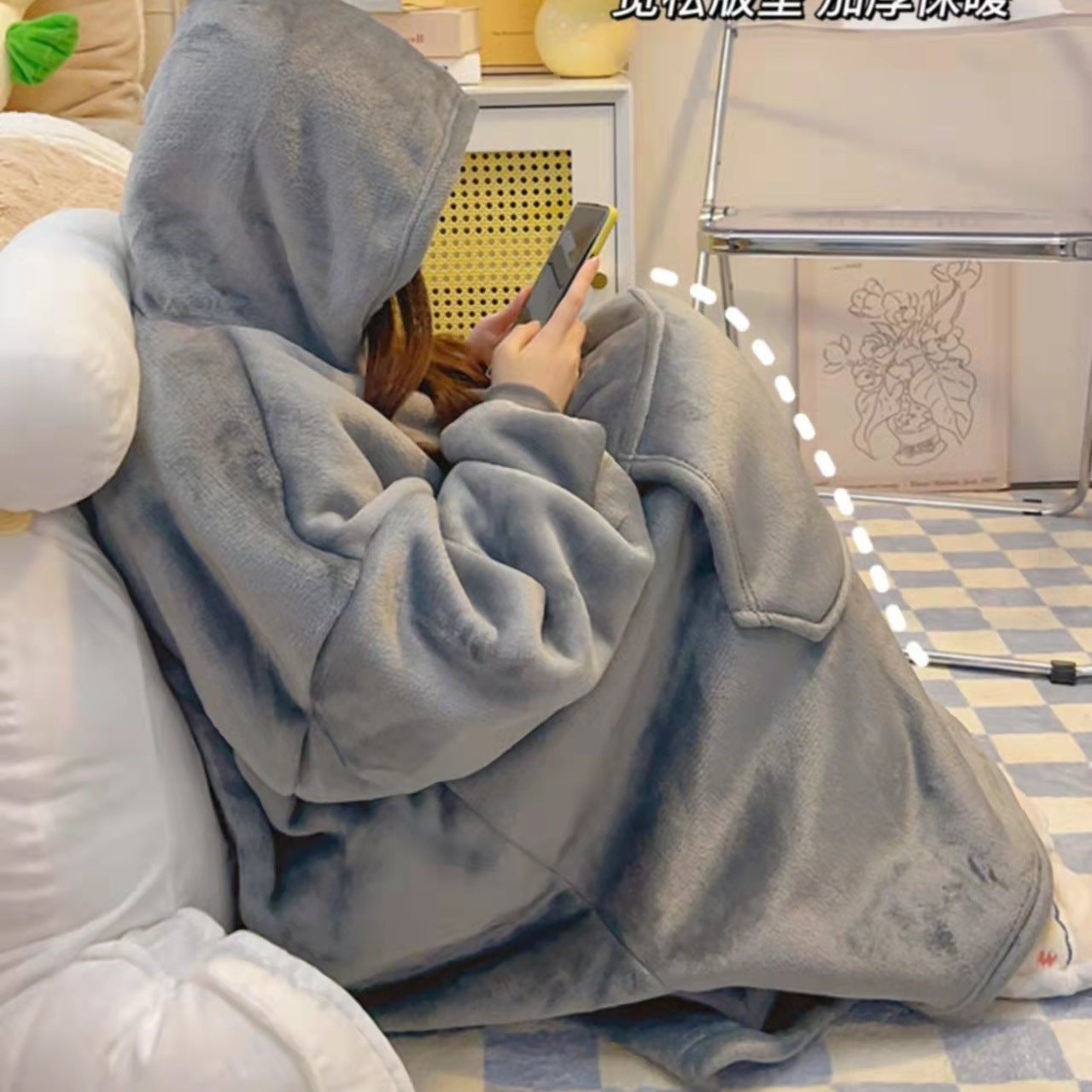 Male Student Thickened Warm Nightgown Flannel Outerwear Couple Homewear Hooded Blanket Pi-Mart