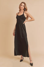 Ruched Side Slit Cutout Back Maxi Cami Dress For Women – Elegant, Romantic & Alluring with Flattering Fit and Glamorous Details
