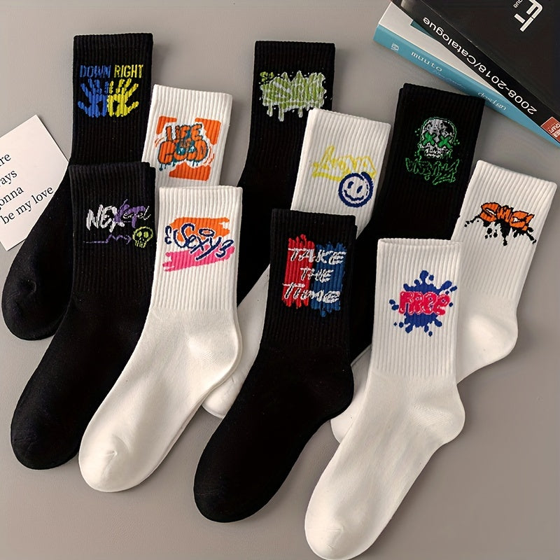 3/6/8/10/12 Pairs Of Medium Length Socks With Graffiti And Spray Painting For Personalized Fashion, Comfort, And Durability Lootquake LLC
