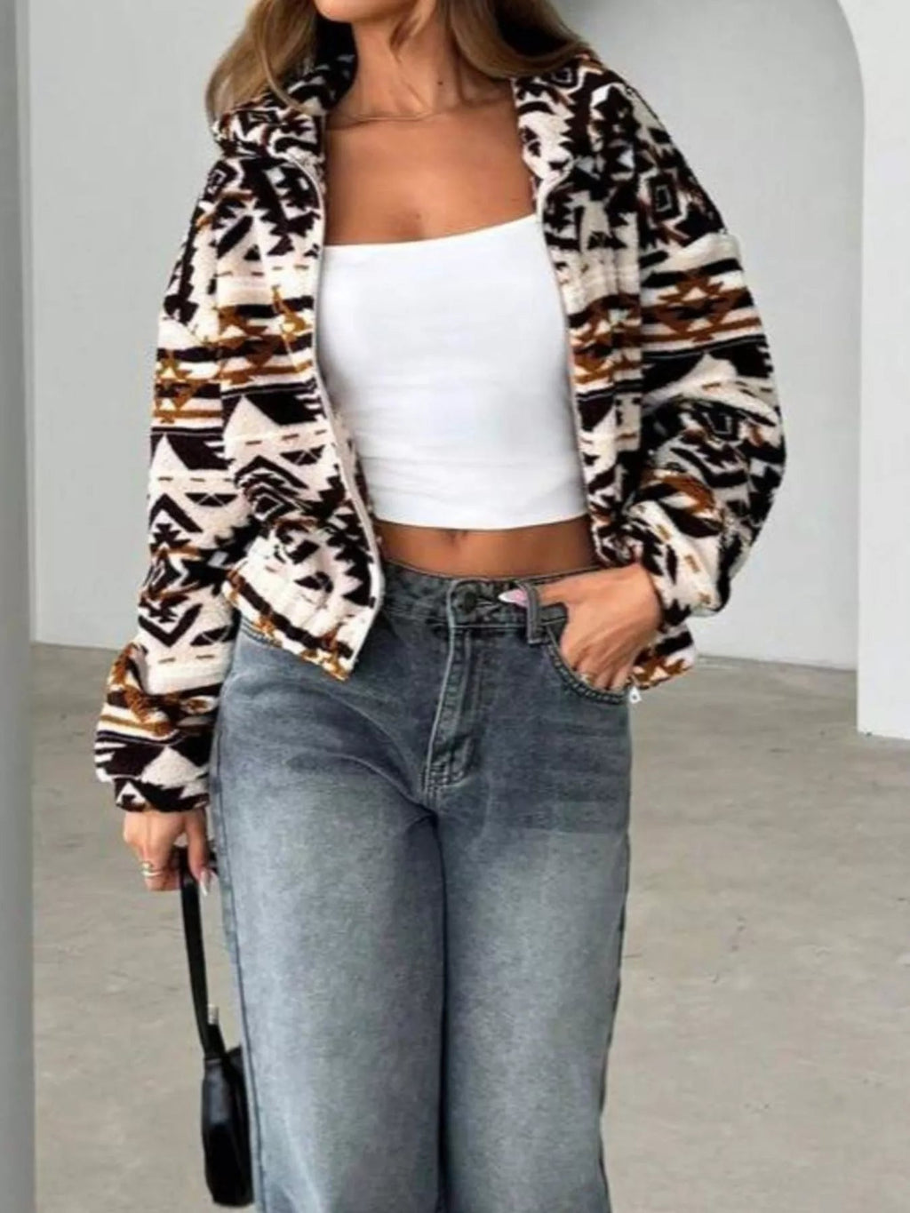 Geometric Fleece Zip-Up Jacket THRIXINE