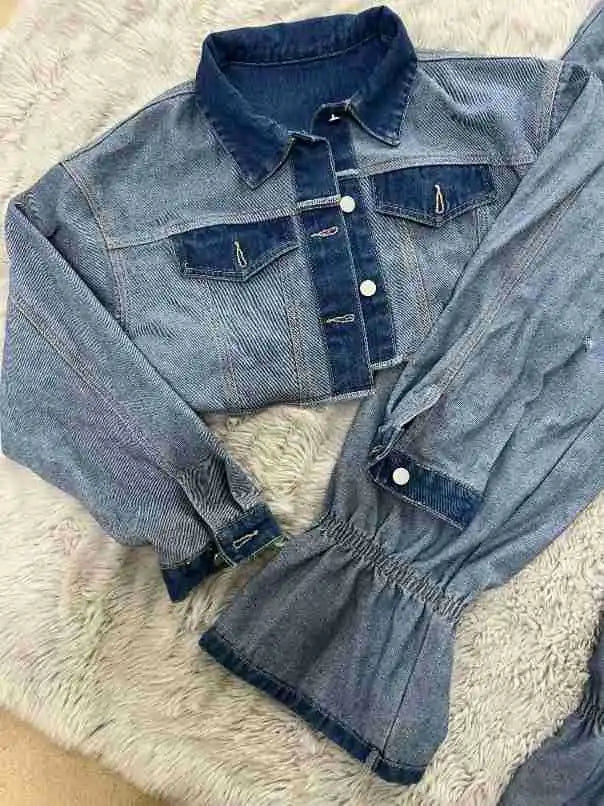 Denim Pant Set Women Two Piece Sets Turn Down Collar Mom Jeans Loose Casual Tops Wide Leg Long Pants High Waist Y2k Streetwear Purplish Diva