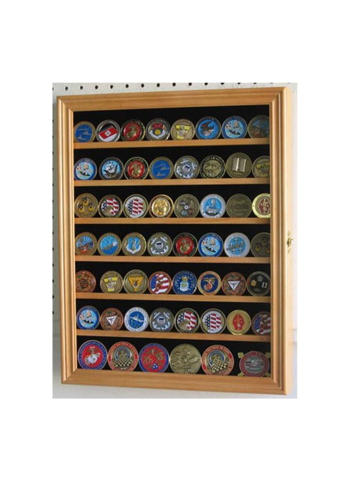 Lockable Military Challenge Coin Display Case Cabinet Rack Holder (Oak Finish) The Military Gift Store