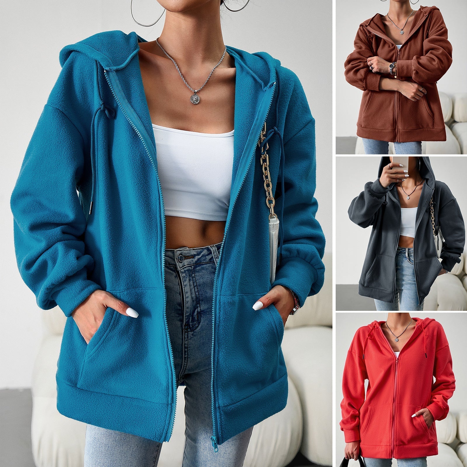 Casual Fashion Hooded Cardigan Jacket With Pockets Winter And Autumn Loose Sports Coat Women Solid Outwear Clothing Pi-Mart