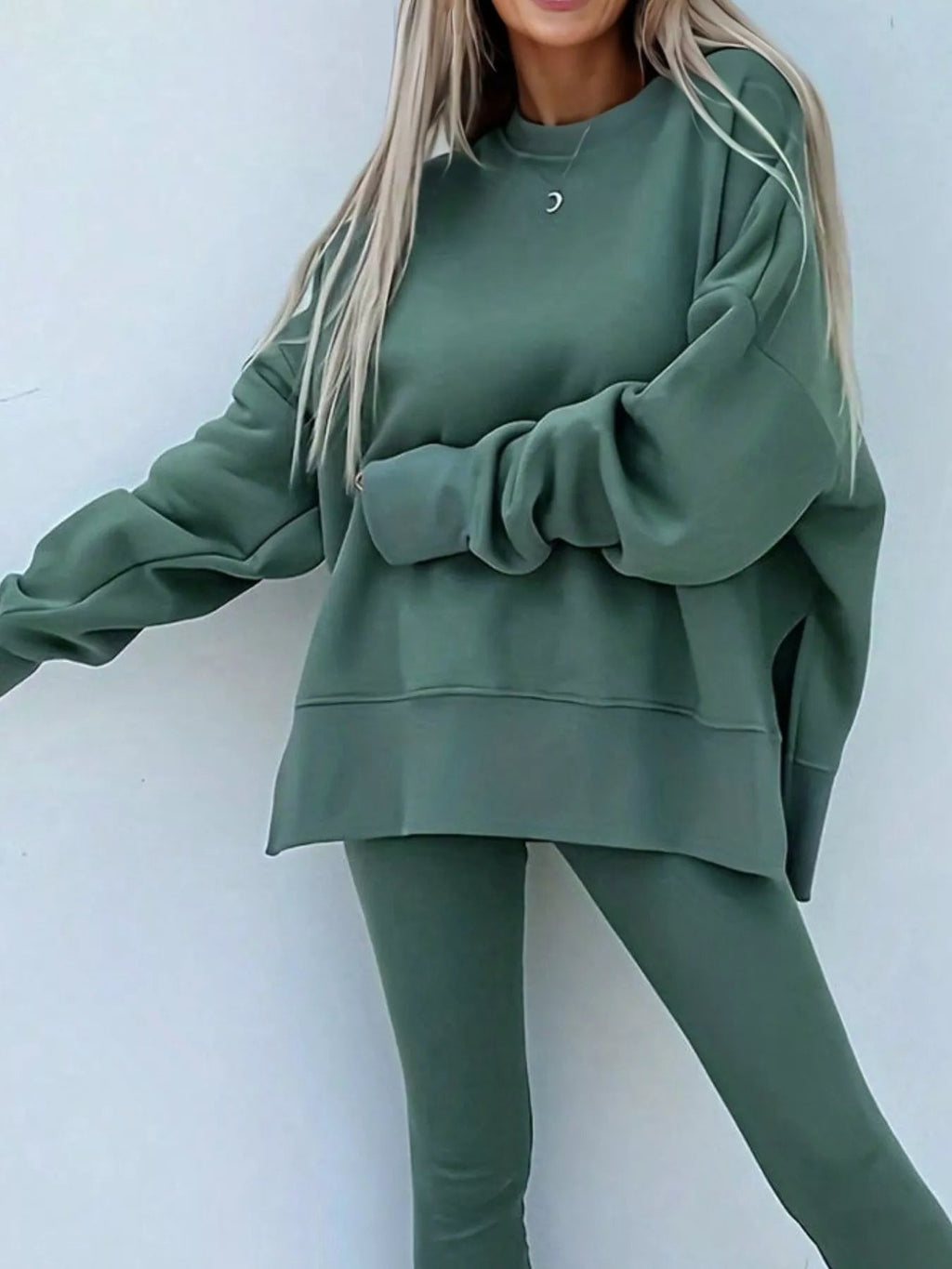 Oversized Slit Sweatshirt and Ribbed Leggings 2pcs Set THRIXINE