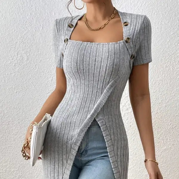 Ladies' Versatile Solid Color Elegant Style Square Neck Button Detail Wrapped Edge Slit Long T-shirt Top - SJB-DIAMOND ELITES