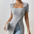 Ladies' Versatile Solid Color Elegant Style Square Neck Button Detail Wrapped Edge Slit Long T-shirt Top - SJB-DIAMOND ELITES
