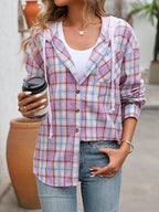 Plaid Buttoned Long Sleeve Hooded Jacket for Women – Cozy & Stylish Cotton-Blend Outerwear