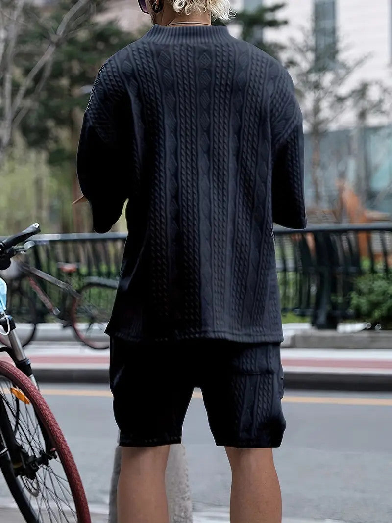2pcs Men's Jacquard Solid Short Sleeve V Neck Shirt & Matching Drawstring Shorts Set, Summer Leisure Clothing Lootquake LLC