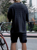 2pcs Men's Jacquard Solid Short Sleeve V Neck Shirt & Matching Drawstring Shorts Set, Summer Leisure Clothing Lootquake LLC