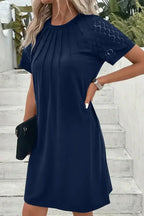 Navy Blue Contrast Lace Raglan Sleeve Pleated Mini Dress