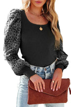 Black Flower Puff Sleeve Ribbed Knit Top - SJB-DIAMOND ELITES