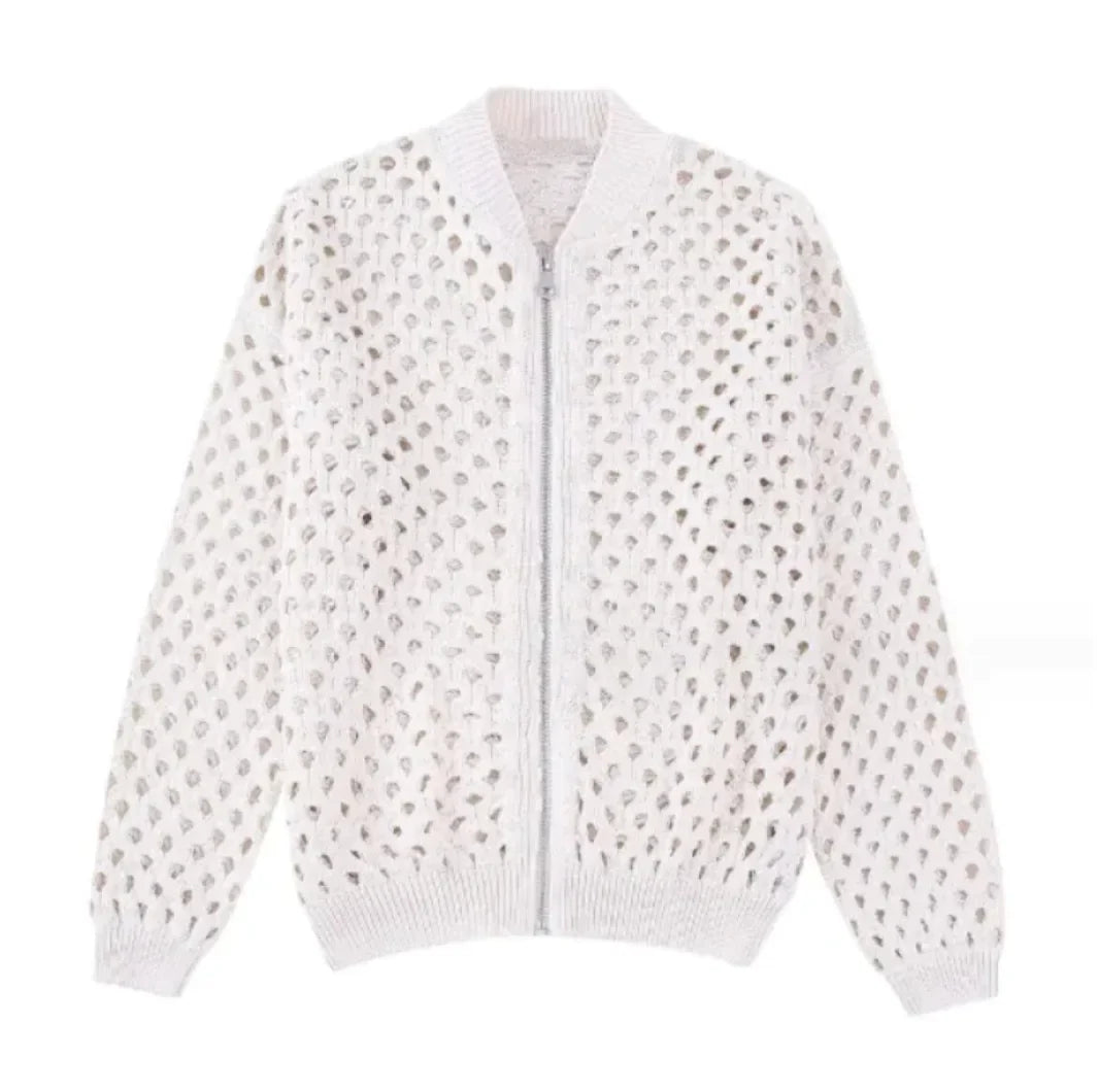Open Knit Zip-Up Bomber Jacket Pi-Mart