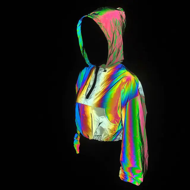 Women's Colorful Reflective Hooded Jacket Crop Top Pi-Mart