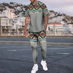 Men's Summer Tracksuit Stripe Print T-shirt Trousers Set Pi-Mart