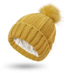 Fashion Stretchy Satin Lined Skull Knit Hats Beanie Hat For Women Faux Fur Pom Pom Hat Winter Keep Warming Beanie Hat Pi-Mart