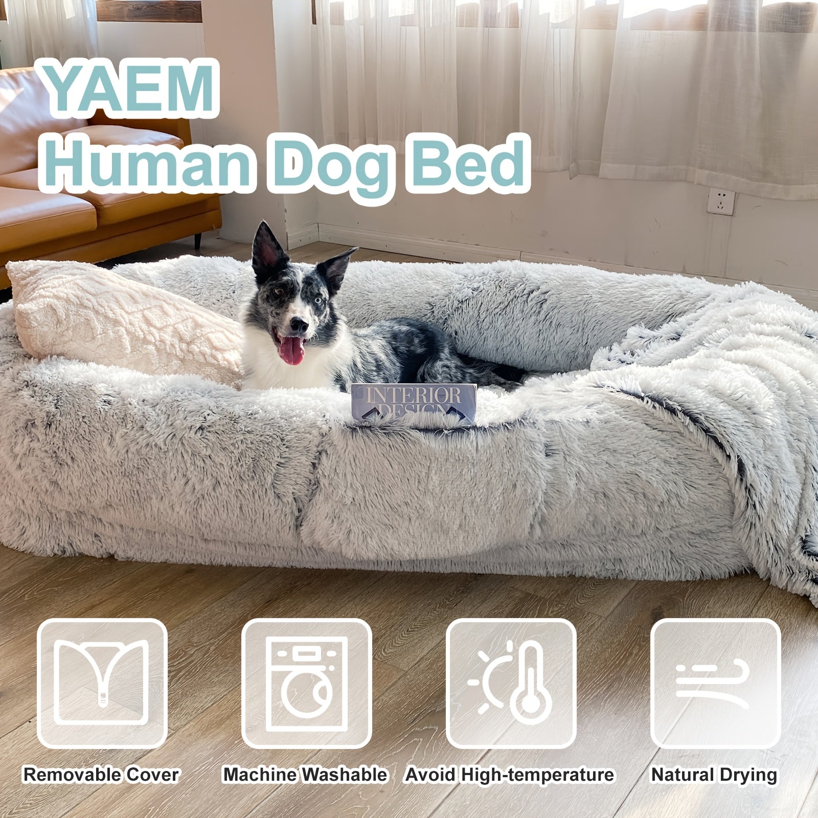 Orthopedic Human Dog Bed 71"x45"x12" Oval Washable Faux Fur Pet Bed with Plump Pillow, Blanket & Strap - Non-Slip Spa Design for All Dog Sizes, Grey, Cozy Nap Spot, Cozy Aesthetic, Durable Polyester, Home Lounging