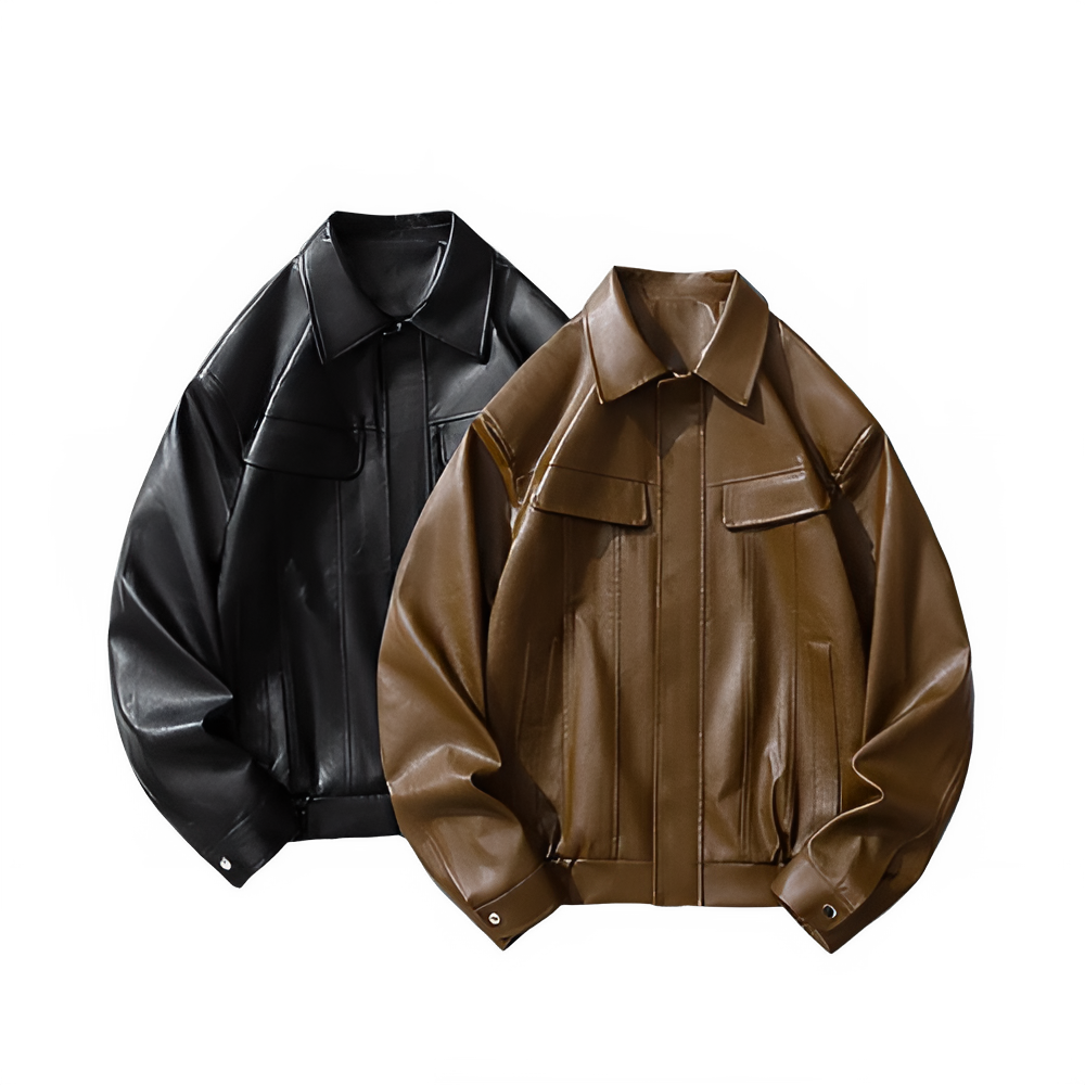 Men's Faux Leather Bomber Jacket Motorcycle Lapel Zip-Up Biker Coat Vintage Streetwear Black Brown Jacket Pi-Mart