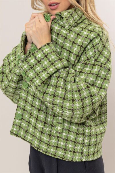Cute Green Tweed Plaid Button Up Collared Neck Jacket Classic & Elegant Layering Piece Everyday Jacket Stevvex