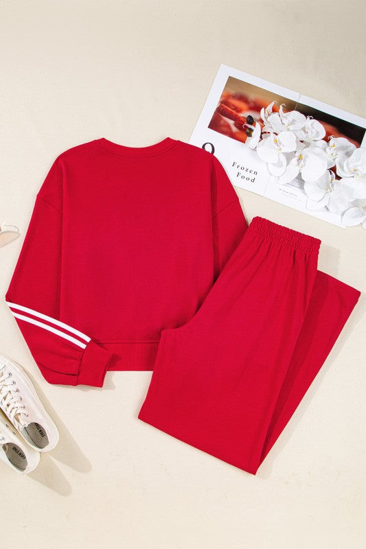Varsity Stripe Crewneck Pullover and Sweatpants Set THRIXINE